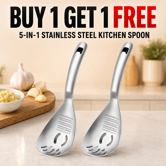 ⚡5-in-1 Stainless Steel Kitchen Spoon — Mash, Grate, Strain & Separate