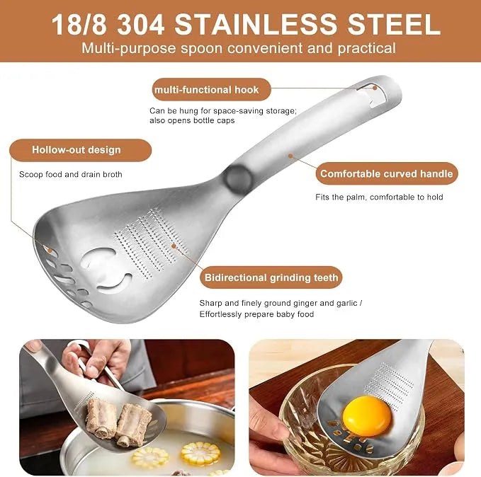 ⚡5-in-1 Stainless Steel Kitchen Spoon — Mash, Grate, Strain & Separate