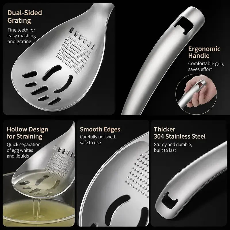⚡5-in-1 Stainless Steel Kitchen Spoon — Mash, Grate, Strain & Separate